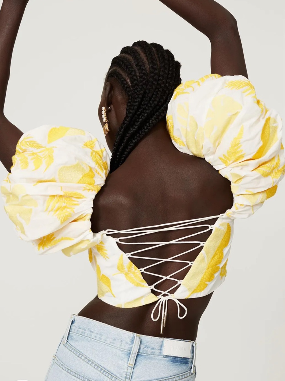 Acler Bastia Blouse Leaf-Print Puff-Sleeve Lace Up Sweetheart Crop Top Yellow  6